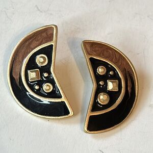 Vintage Inspired Art Deco Black Gold and Brown Resin Geometric Post Earrings